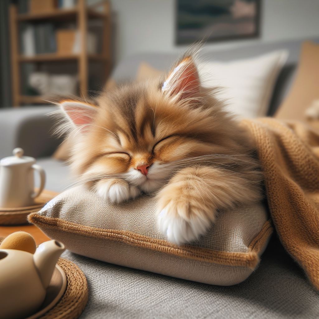 寝心地のよさそうなソファで幸せそうに眠る子猫の画像。