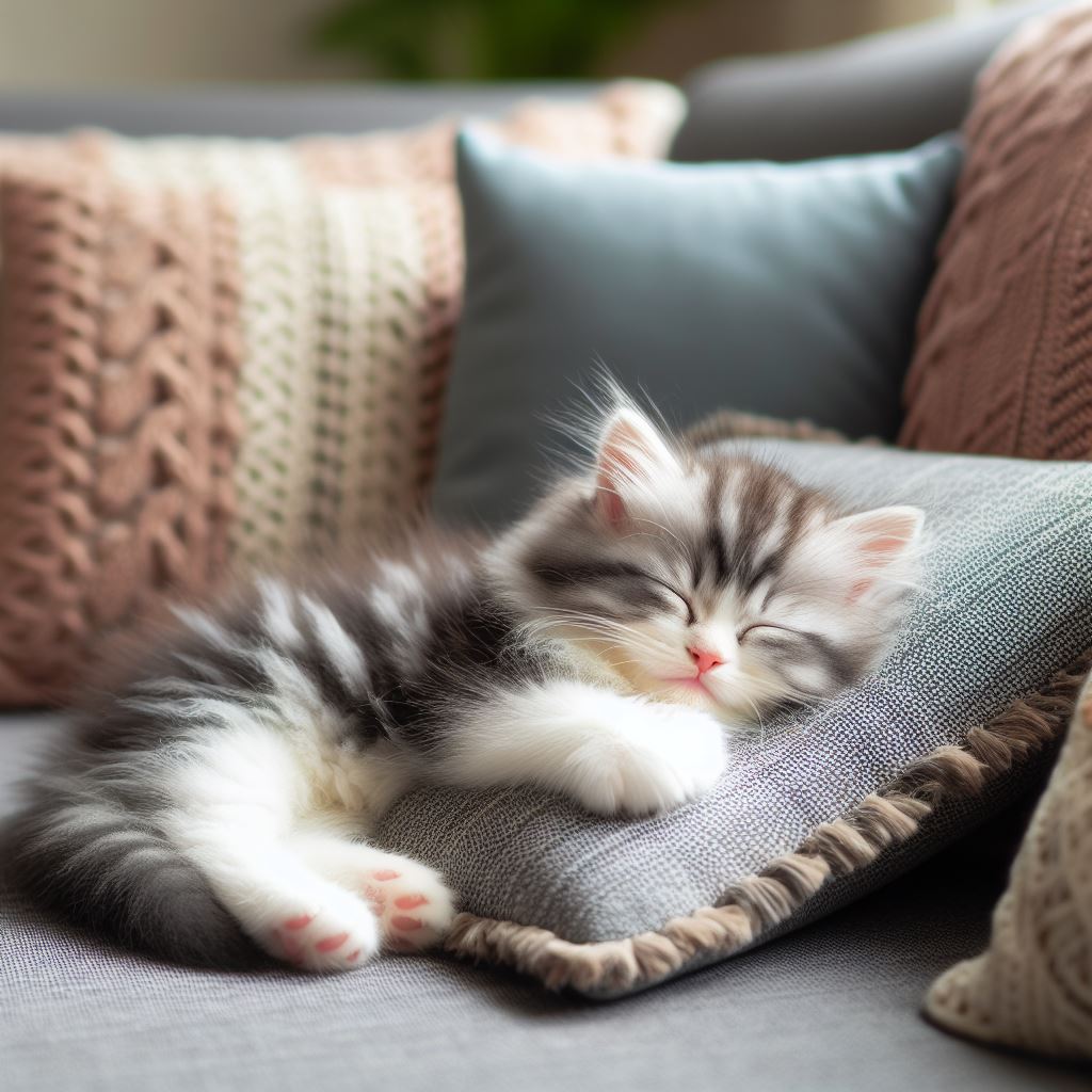 寝心地のよさそうなソファで幸せそうに眠る子猫の画像。