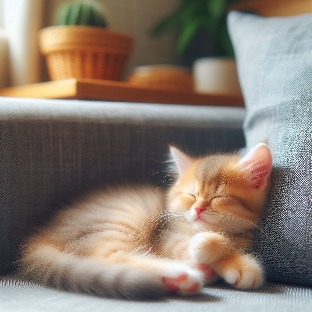 寝心地のよさそうなソファで幸せそうに眠る子猫の画像。