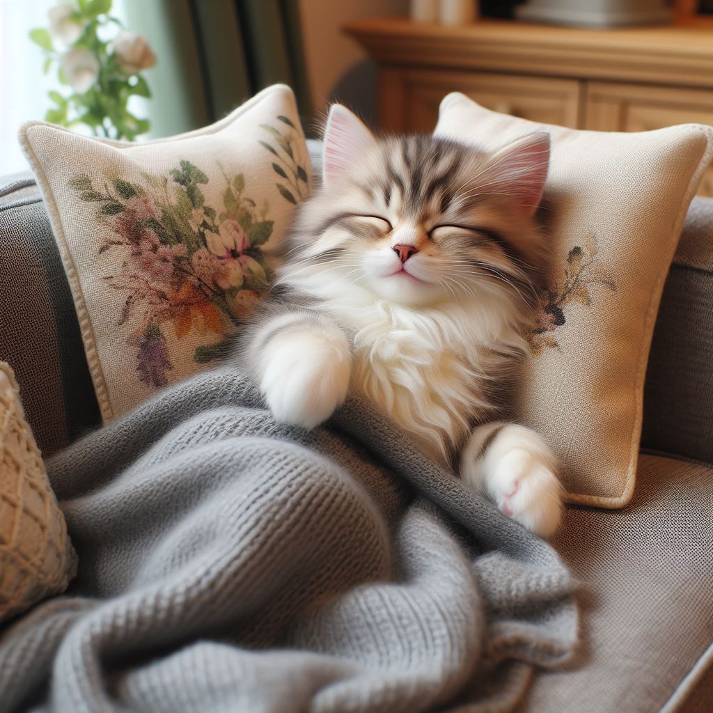 寝心地のよさそうなソファで幸せそうに眠る子猫の画像。